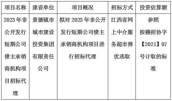 2023年非公開發(fā)行短期公司債主承銷商機構(gòu)項目招標代理計劃公告