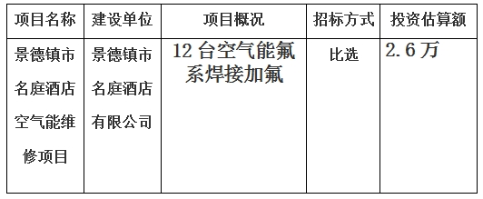 景德鎮(zhèn)市名庭酒店空氣能維修項目計劃公告　