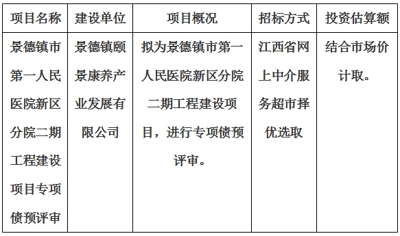 景德鎮市第一人民醫院新區分院二期工程建設項目專項債預評審計劃公告