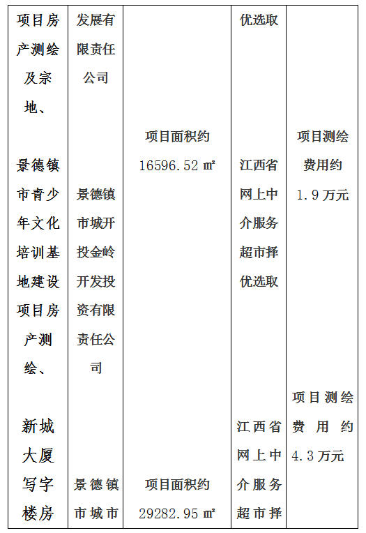 昌南新區托幼服務中心建設項目房產測繪及宗地、景德鎮市青少年文化培訓基地建設項目房產測繪、新城大廈寫字樓房產測繪及落宗、景德鎮市發展中心（一期）項目房產測繪項目計劃公告